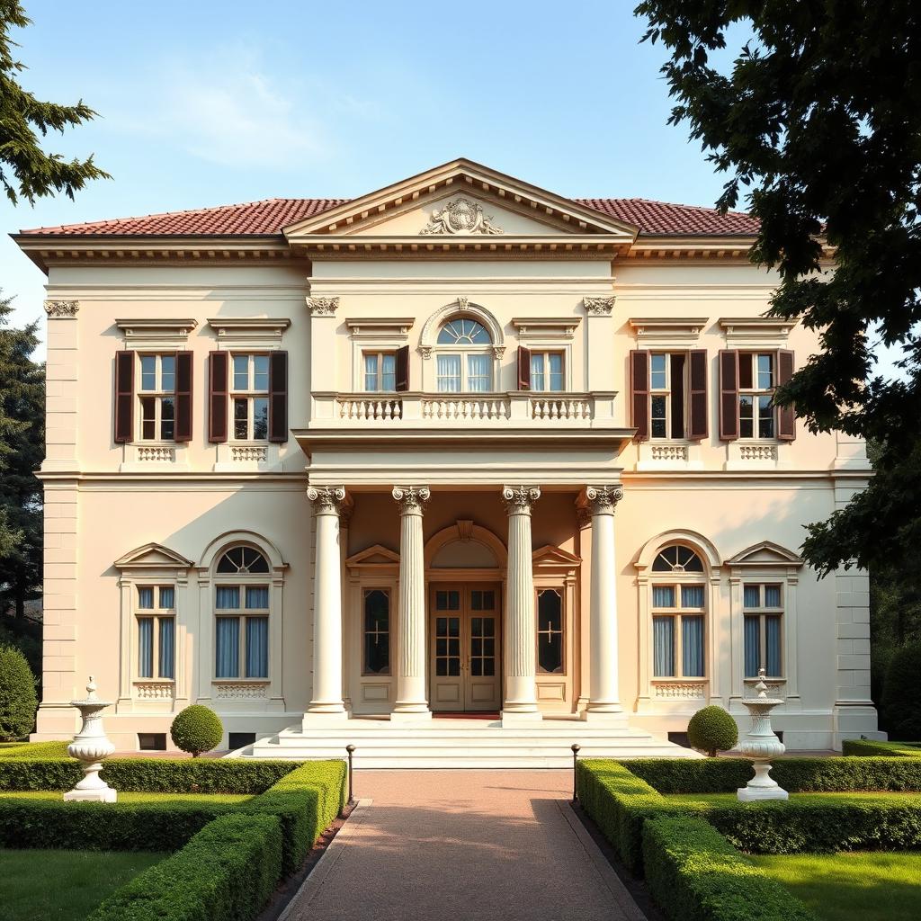 A frontal view of a stunning Renaissance villa designed in the classic style of Andrea Palladio