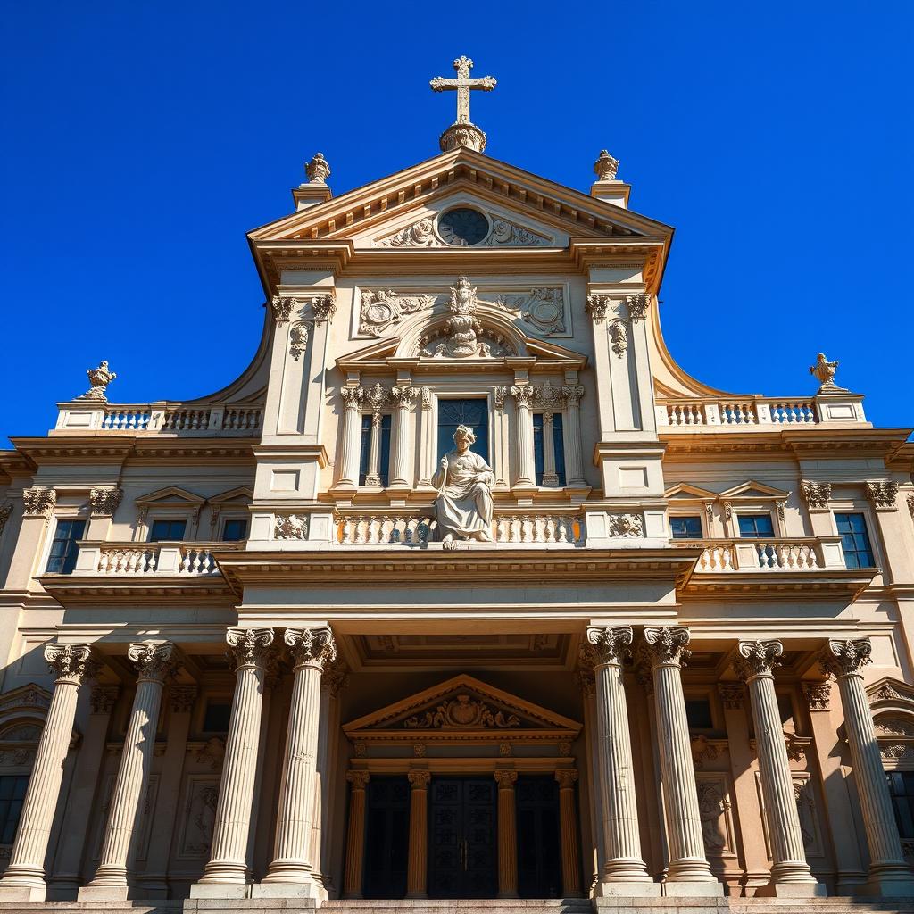 A frontal view of a stunning Baroque church designed in the intricate style of Guarini