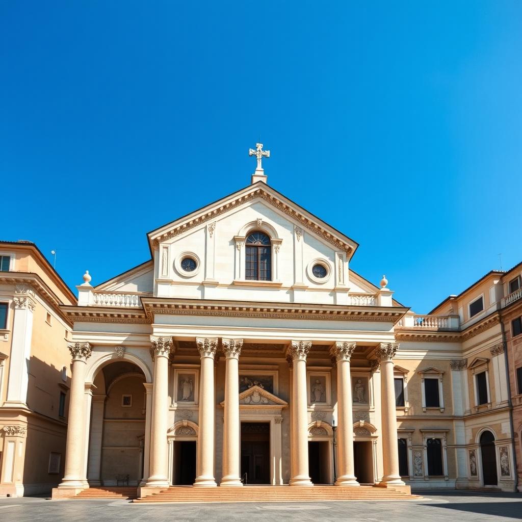 A frontal view of a Renaissance church inspired by Michelangelo's style, featuring a grand facade with an order of Ionic pilasters