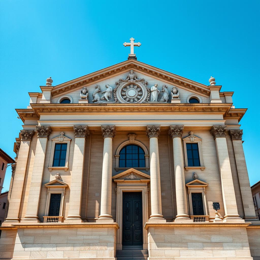 A frontal view of a Renaissance church inspired by Michelangelo's style, featuring a grand facade adorned with an order of Ionic pilasters