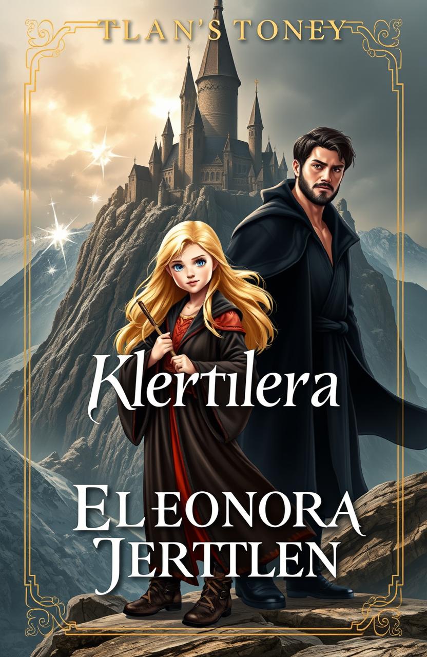 A book cover depicting Eleonora, a 12-year-old blonde-haired, blue-eyed girl holding a magical wand and wearing a flowing robe