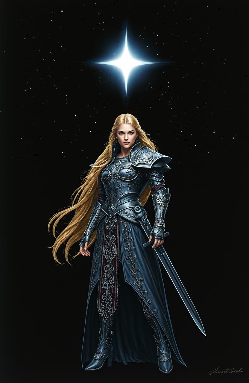 A fantasy book cover featuring a majestic warrior queen standing proud under a singular bright star that illuminates the dark, starlit sky