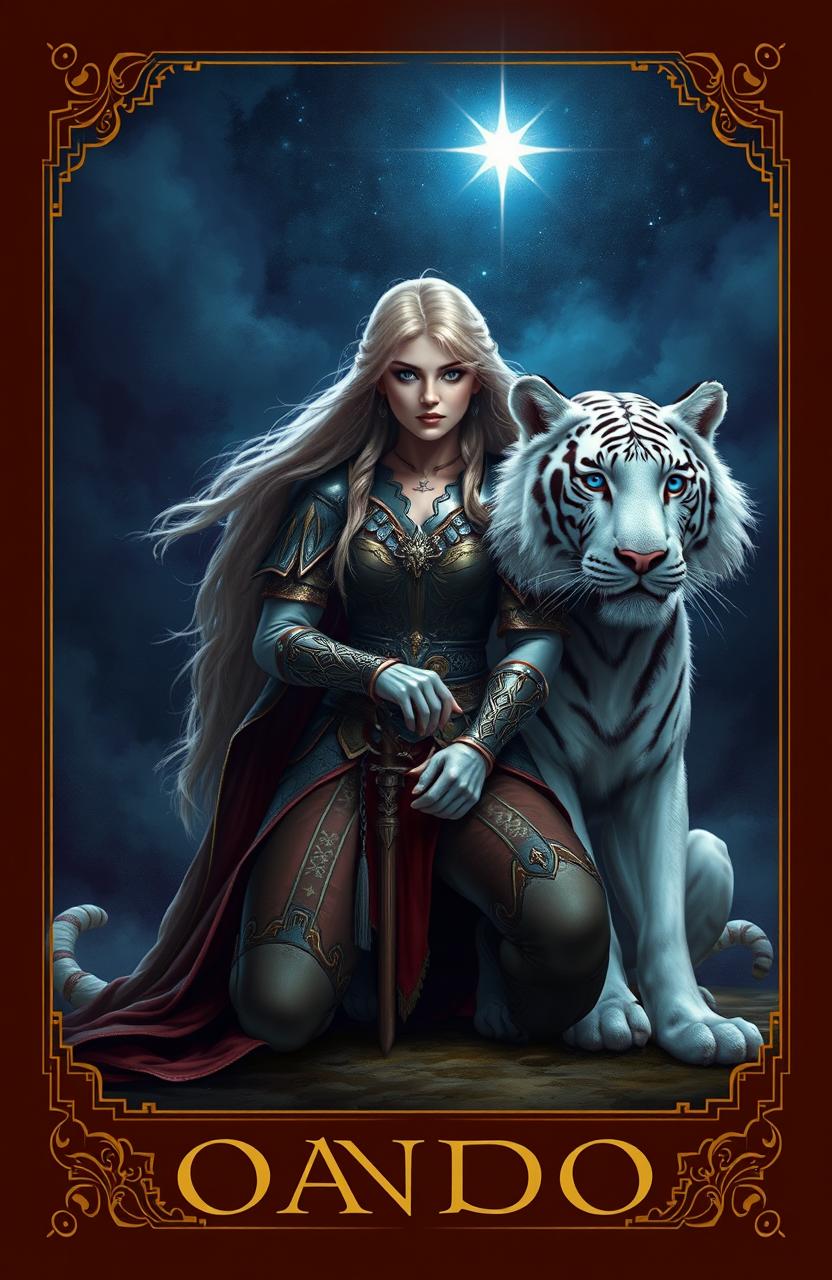 A fantasy book cover featuring a warrior queen in a majestic pose, kneeling beside a beautifully detailed white tiger