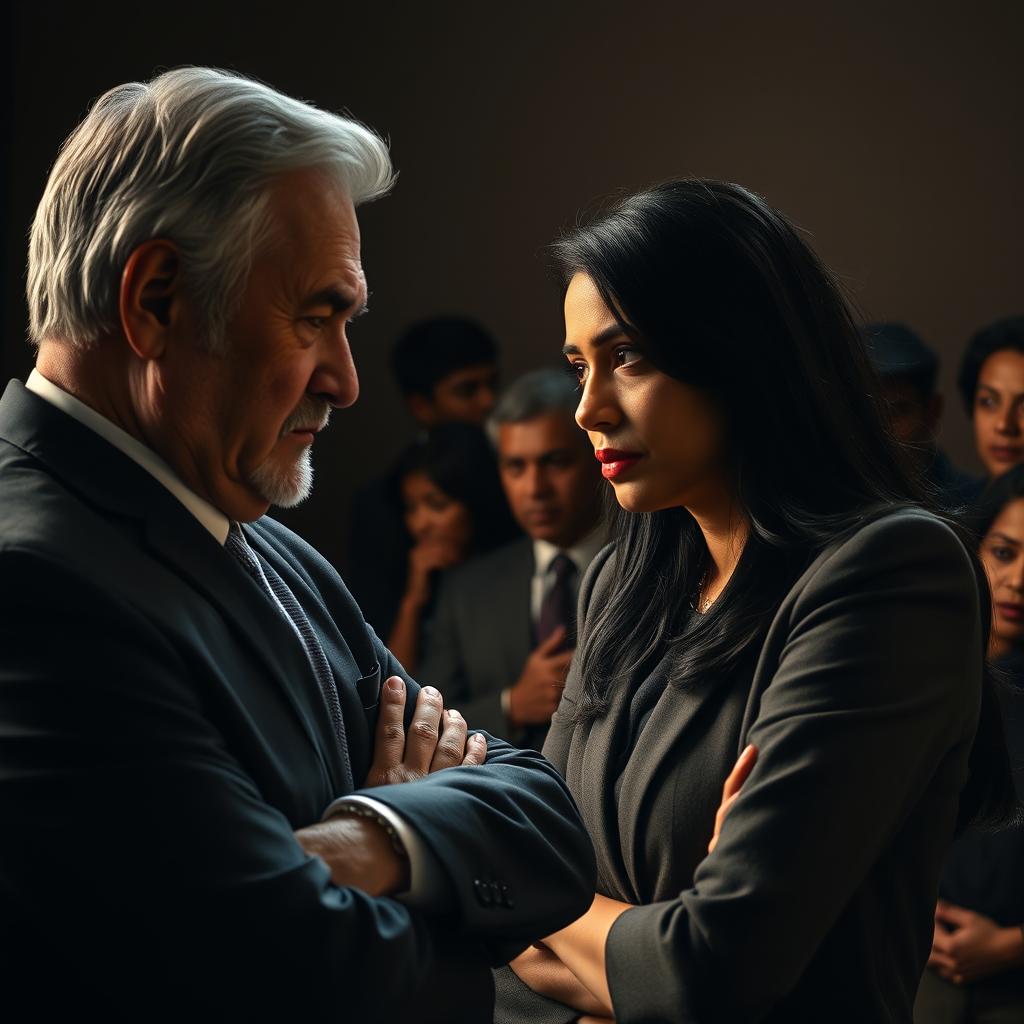 A dramatic close-up of a wealthy investor, an older man with salt-and-pepper hair dressed in a sharp, tailored suit