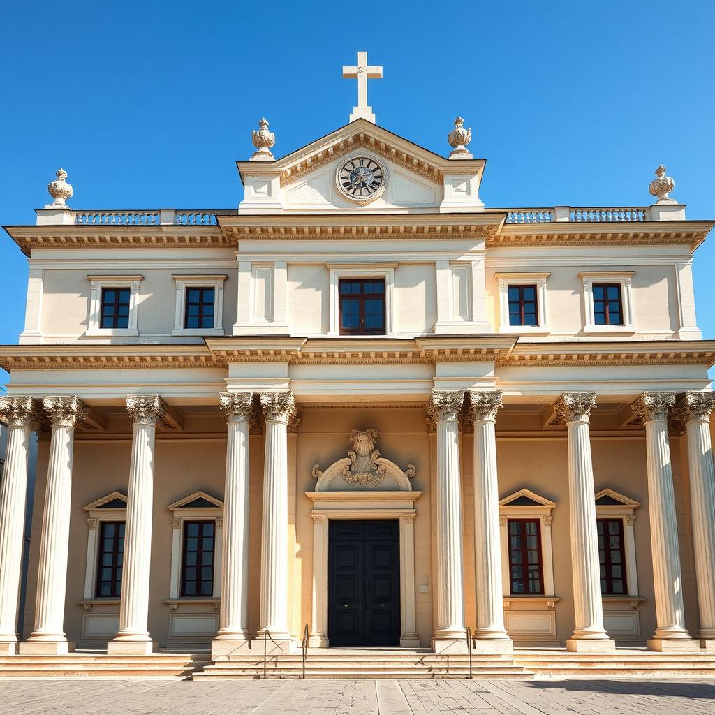 A frontal view of a Renaissance church designed in the style of Palladio, featuring a two-storey structure