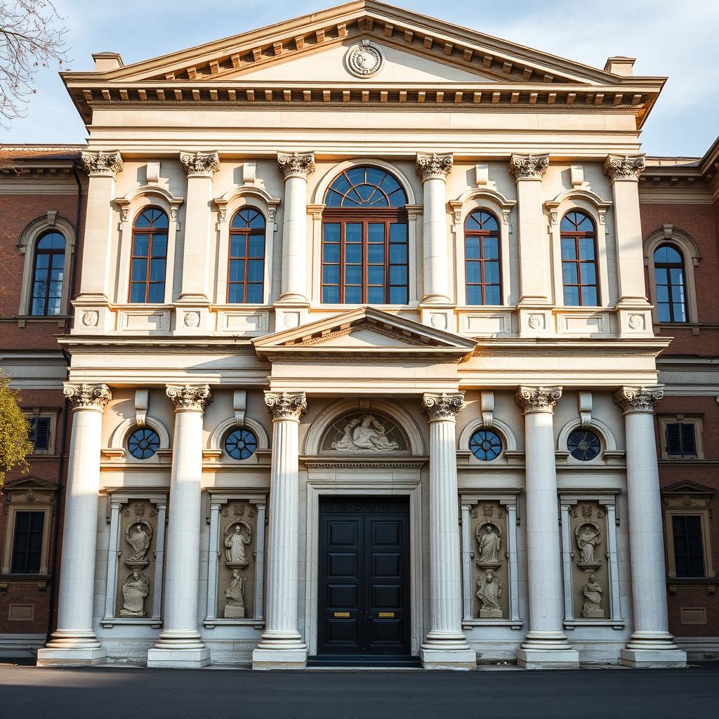 A frontal view of a Renaissance church designed in the style of Brunelleschi, featuring a majestic two-storey structure