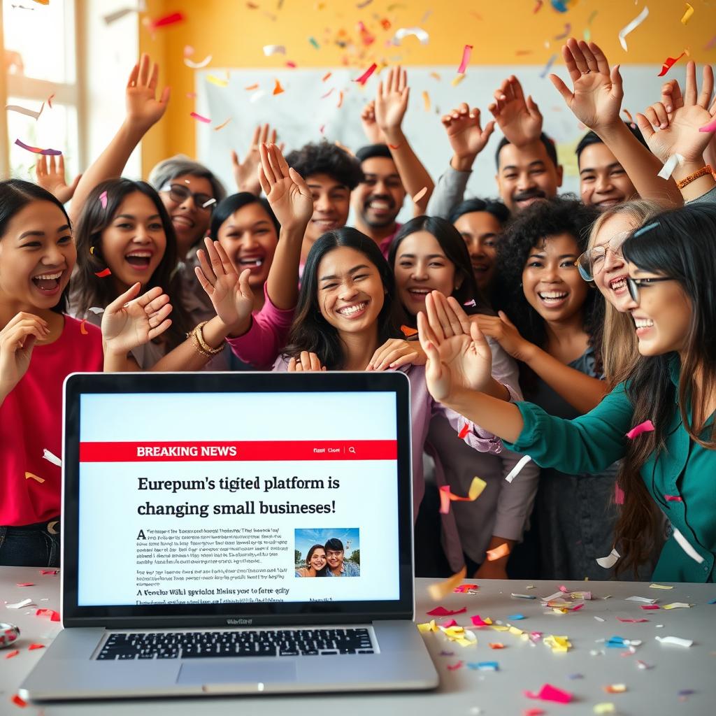 A laptop screen displaying a breaking news article titled ‘Young Entrepreneur’s Digital Platform is Changing Small Businesses!’ featuring an image of Meera smiling confidently
