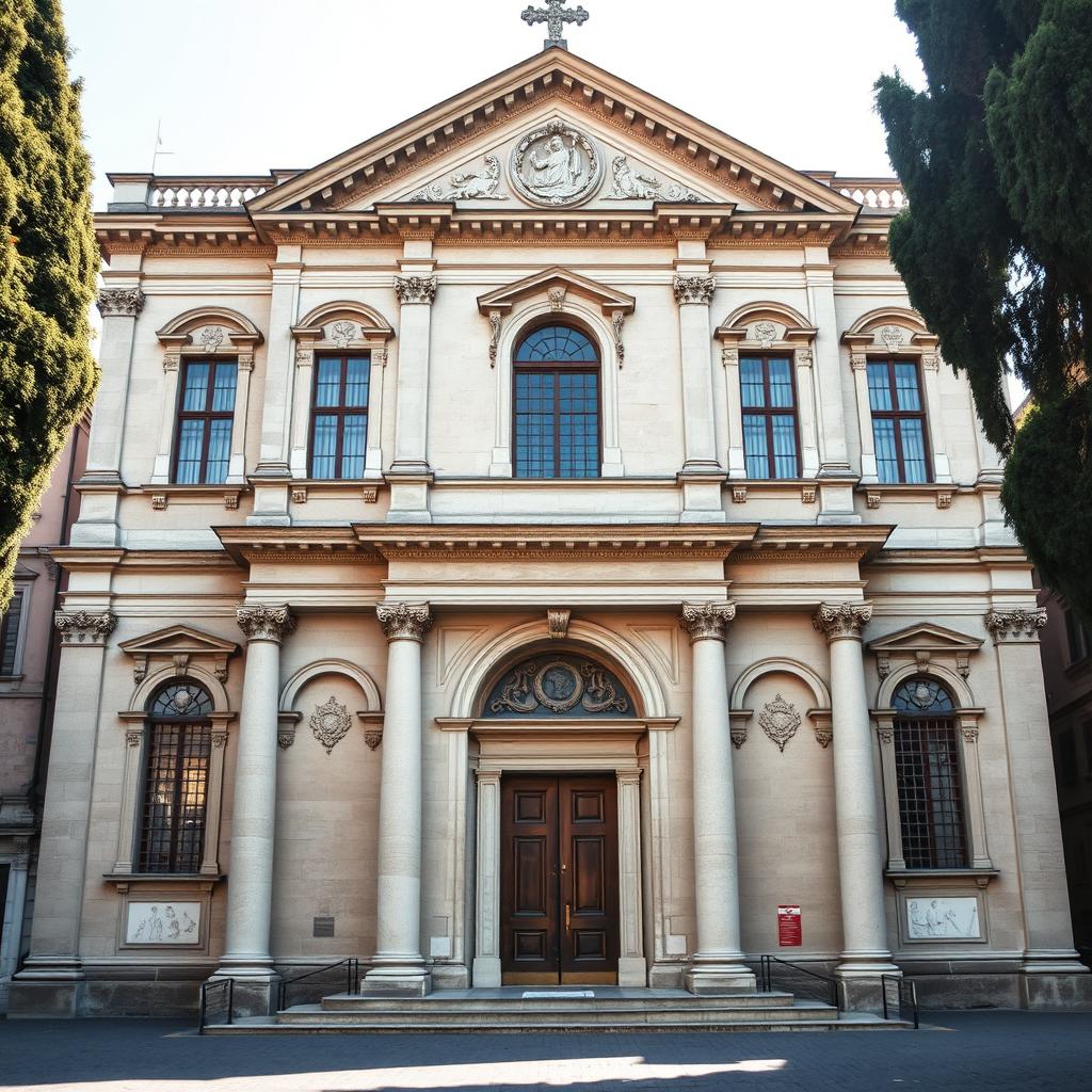 A frontal view of a Renaissance church designed in the style of the early Florentine Renaissance, featuring a two-storey structure