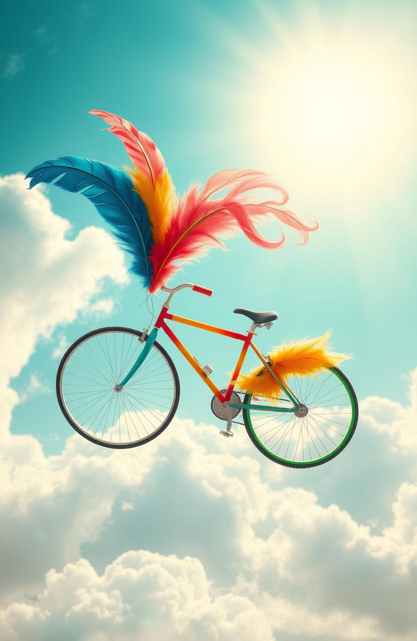 A whimsical, magical scene depicting a colorful feather cycle floating gracefully in the air
