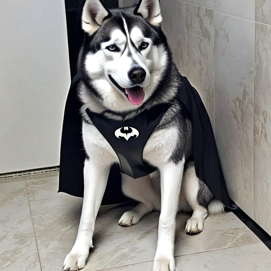 the husky dog ​​dressed up with the batman mask and cape and suit