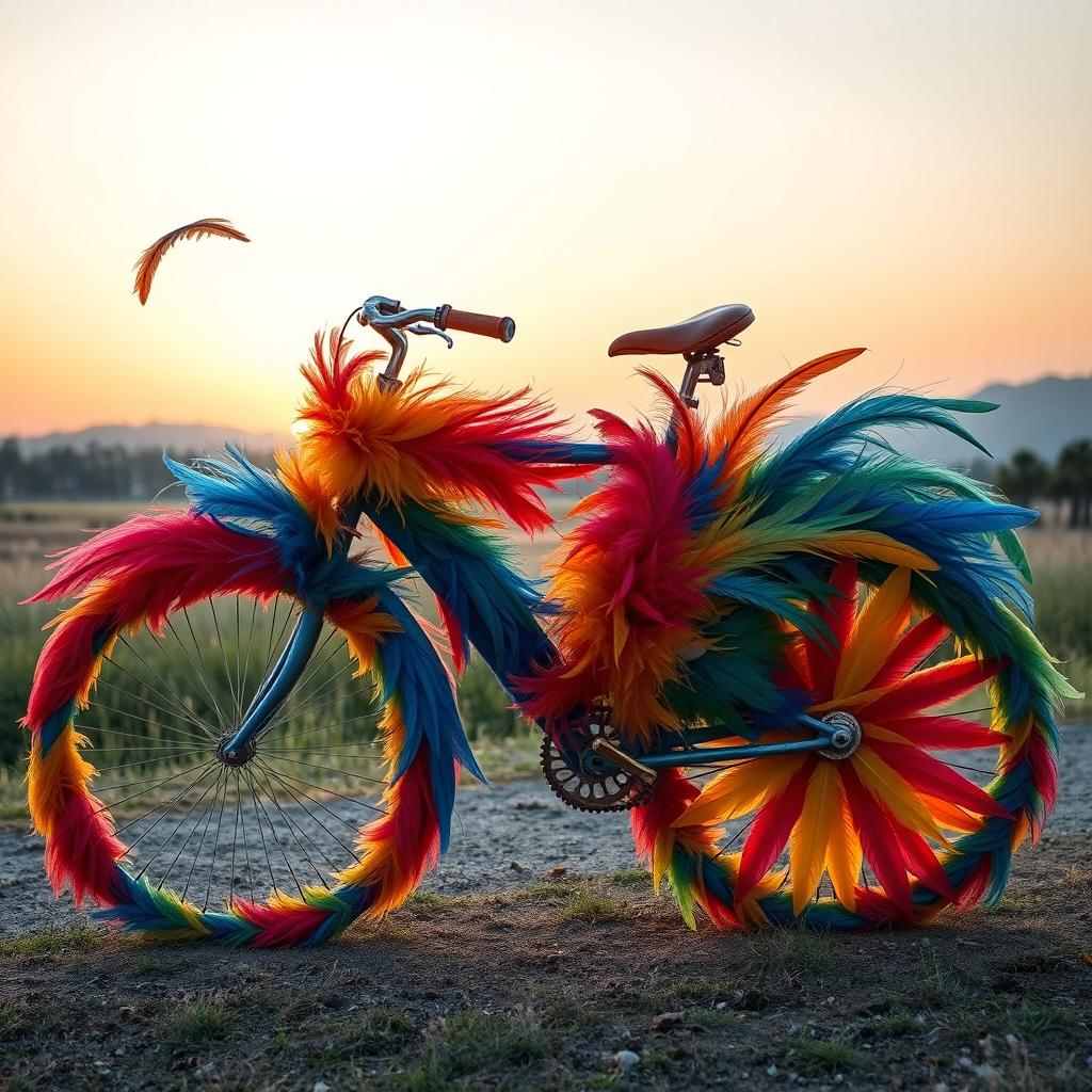 A whimsical feather cycle designed as an artistic installation, featuring a bicycle made entirely of colorful feathers