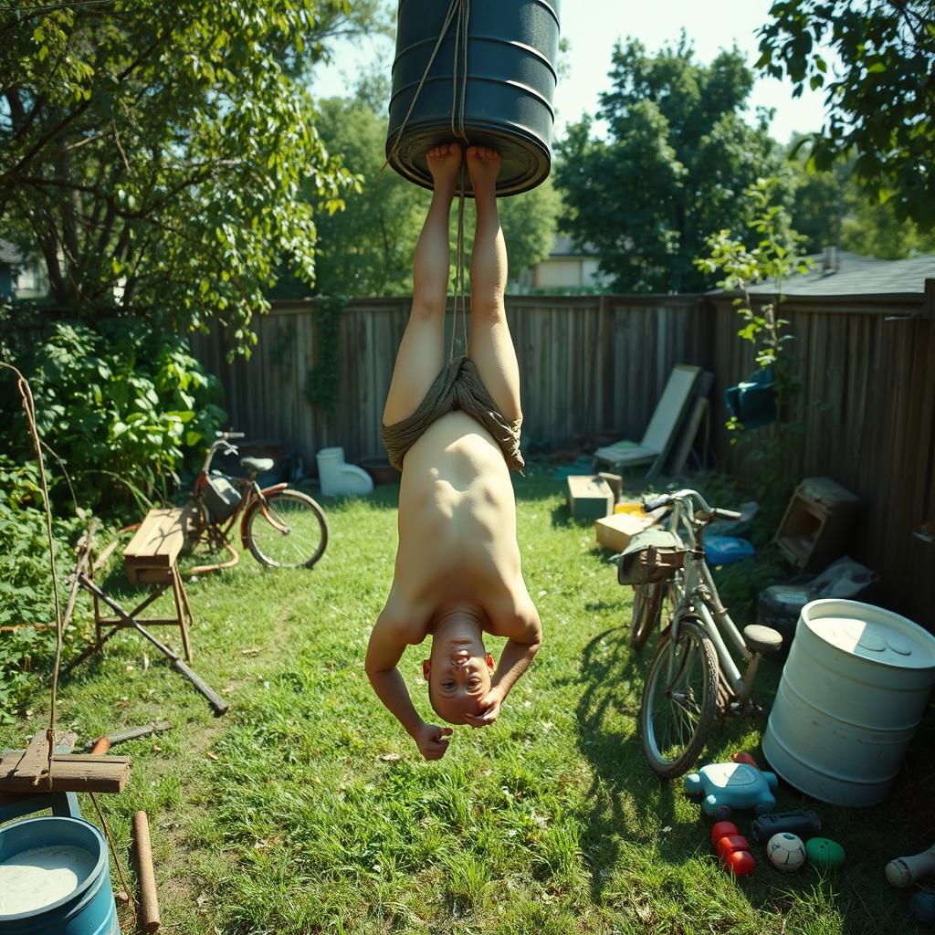 A realistic wide shot of a skinny bald man hanging upside-down from his feet tied to a clothesline, with his head submerged in a large water drum