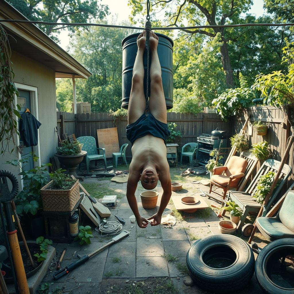 A realistic wide shot of a skinny bald man hanging upside-down from his feet tied to a clothesline, with his head submerged in a large water drum