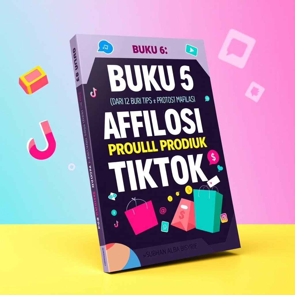 A visually engaging cover design for a book titled 'BUKU 6 (DARI 12 BUKU) TIPS PROMOSI PRODUK AFILIASI TIKTOK' by Subhan Alba Bisyrie