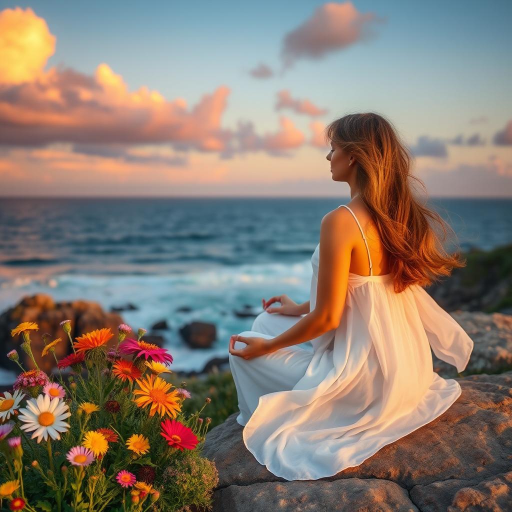 A peaceful woman deep in meditation sitting on a rocky cliff during sunrise