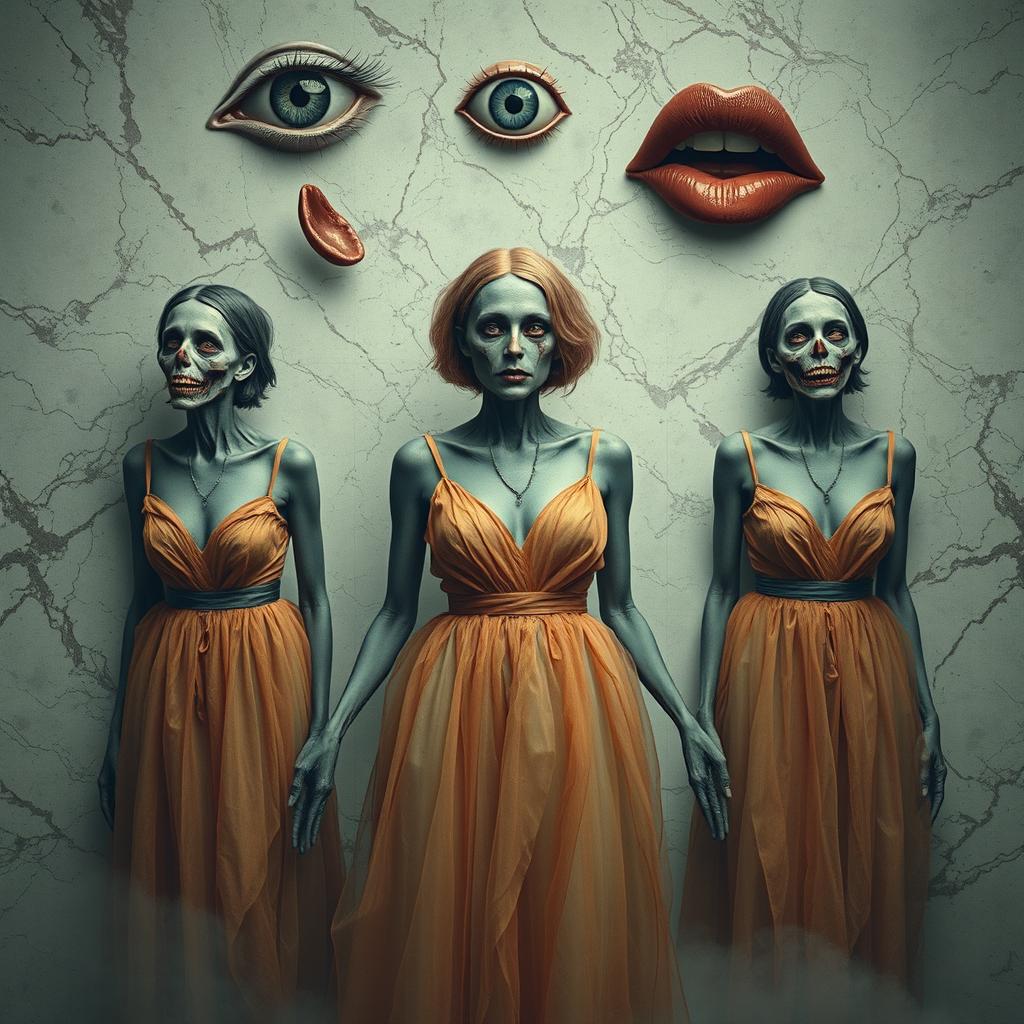An eerie and surreal scene featuring three large zombie women dressed in gauze burnt dresses, blending together elements of horror and beauty