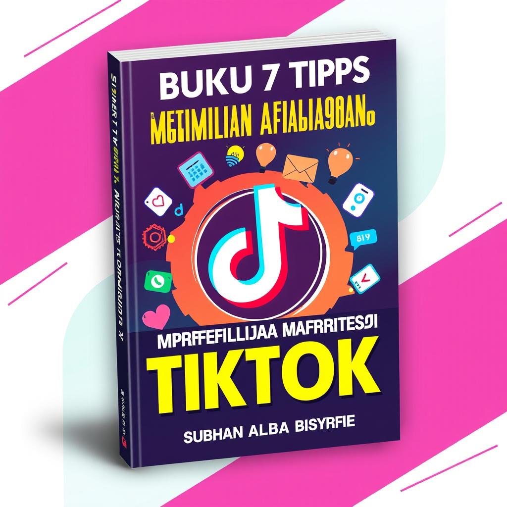 A visually engaging cover design for the book titled 'BUKU 7 TIPS MEMILIH PRODUK AFILIASI TIKTOK' by Subhan Alba Bisyrie