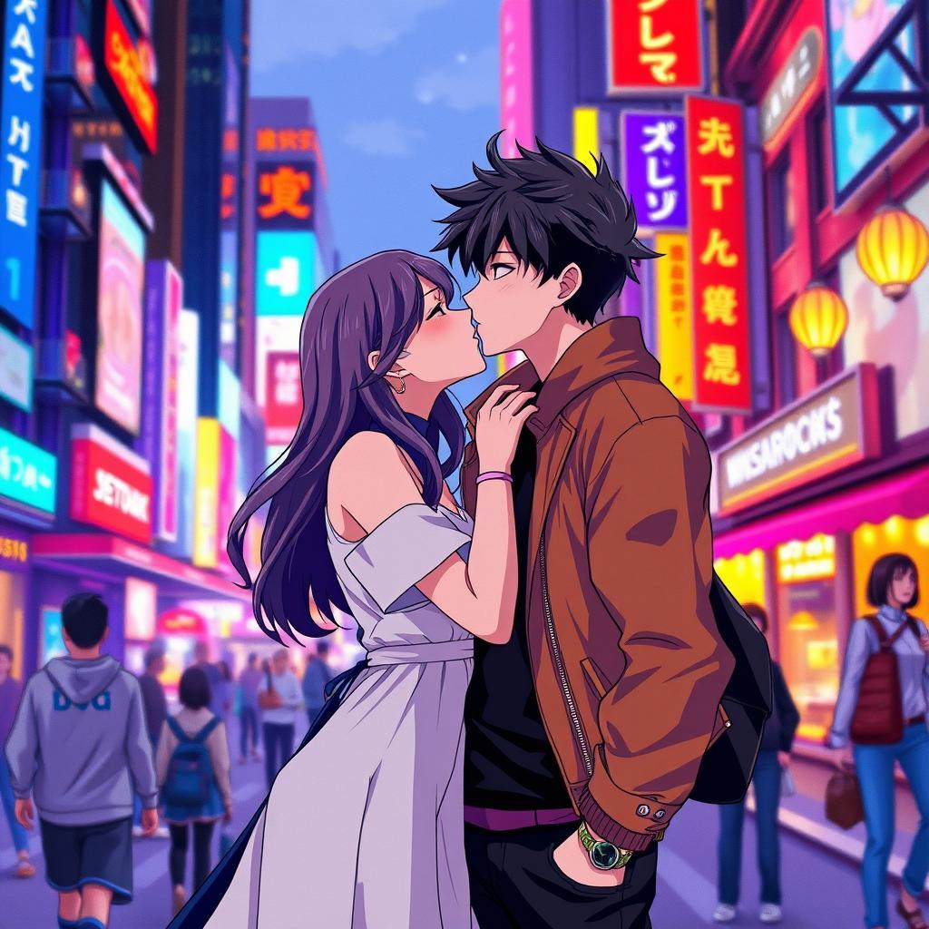 An anime couple on a romantic date in a bustling city, showcasing vibrant colors and dynamic poses