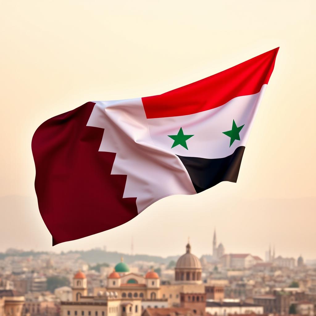 A creative composition featuring the flags of Qatar and Syria intertwined, symbolizing unity and revolution