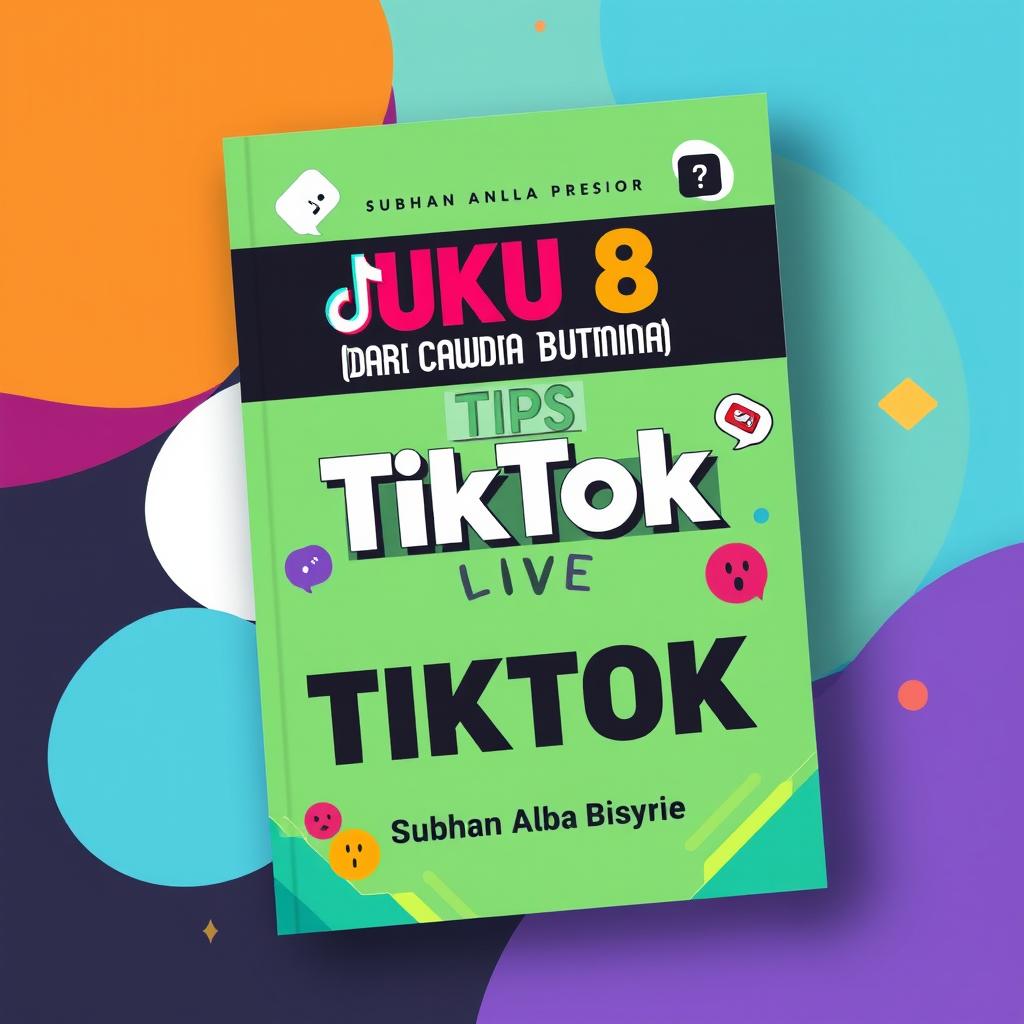 A dynamic cover design for a book titled 'BUKU 8 (DARI 12 BUKU) TIPS “LIVE TIKTOK”' by Subhan Alba Bisyrie