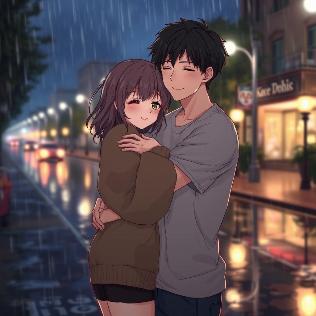 An anime couple at nighttime, the girl hugging the guy tightly with her chest pressed against him, her arms wrapped around his waist affectionately