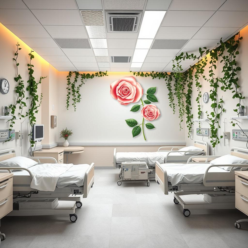 An interior view of a modern hospital room in an OB ward designed for low risk patients, featuring three hospital beds