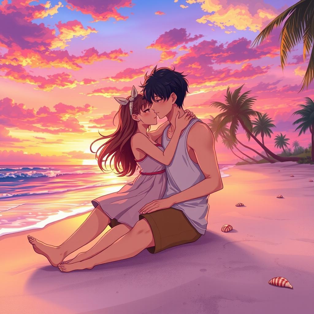 An anime couple at the beach during a vibrant sunset