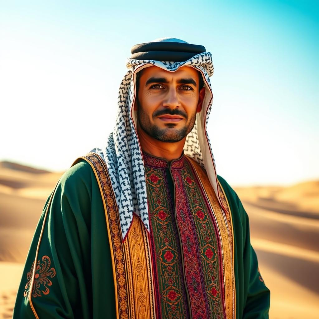 A man dressed in traditional Arab clothing, featuring a beautifully embroidered thobe in rich colors and intricate patterns, complete with a contrasting headscarf (ghutrah) elegantly draped over his shoulders