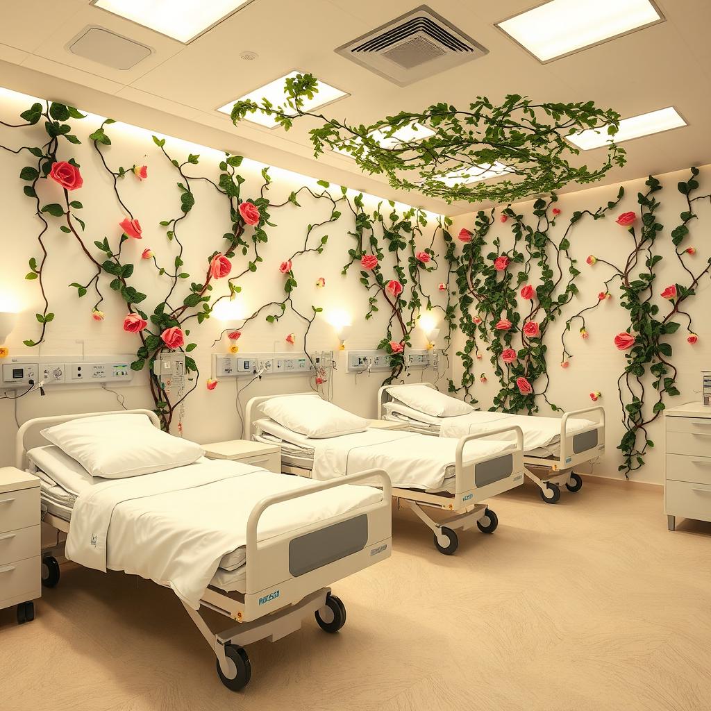An interior view of a modern hospital room in an OB ward designed for low risk patients, featuring three hospital beds