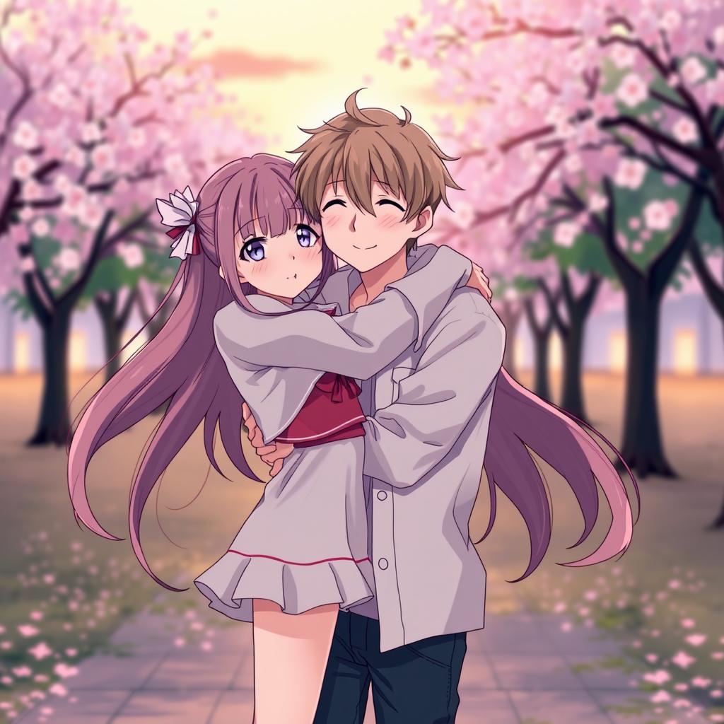 A romantic anime couple, featuring a girl with long, flowing hair, hugging a boy from behind in a cozy and affectionate manner