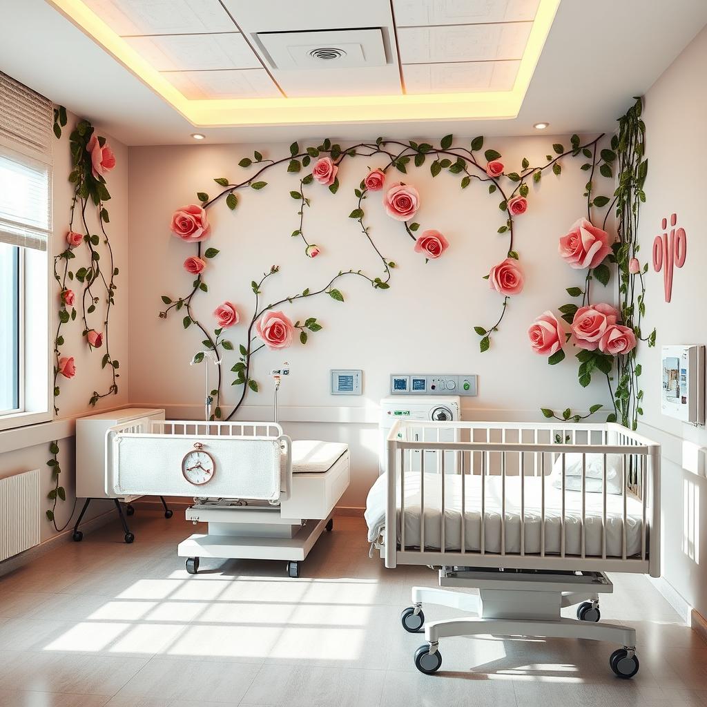 An interior view of a modern delivery hospital room designed for childbirth, featuring a hospital bed specifically set up for delivery alongside a cozy crib for a newborn