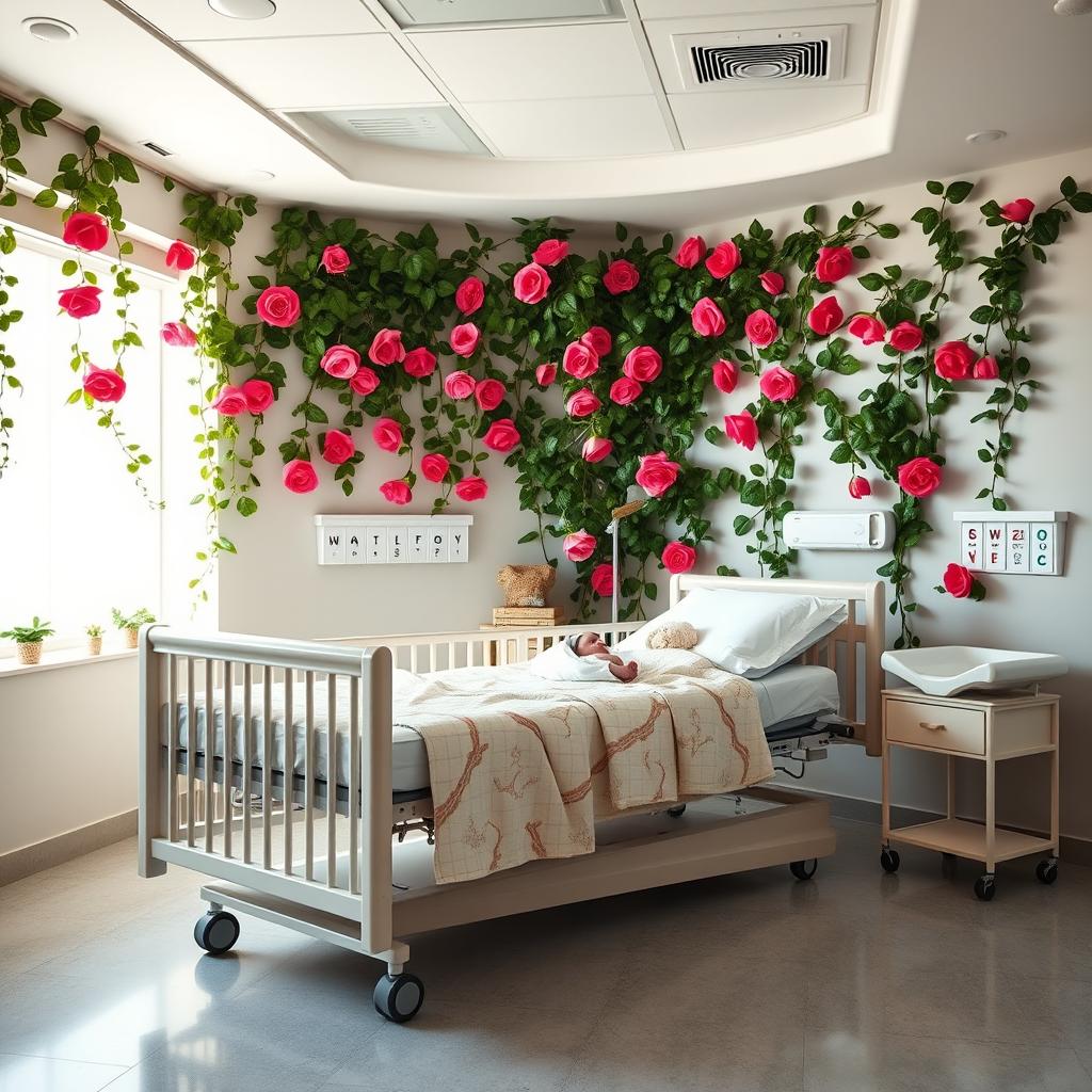 An inviting delivery hospital room featuring a comfortable hospital bed positioned for childbirth alongside a cozy crib for a newborn