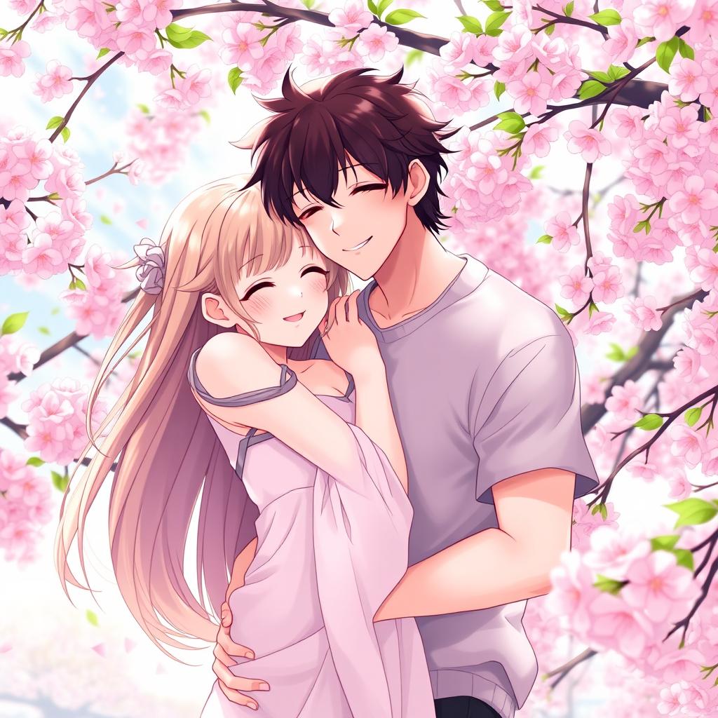 An anime couple in a beautiful spring setting, with cherry blossoms blooming around them