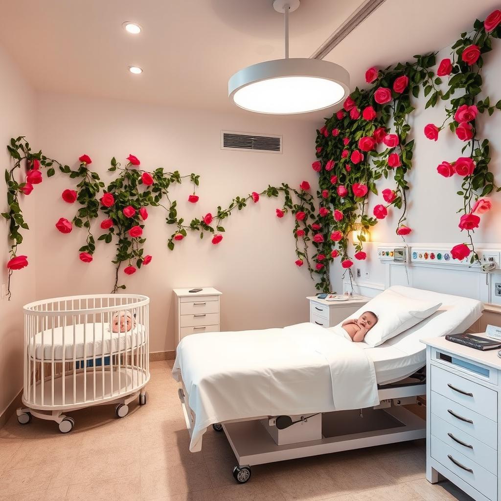 An elegant delivery hospital room featuring a comfortable hospital bed prepared for childbirth and a cozy crib for a newborn, emphasizing a serene and tranquil atmosphere