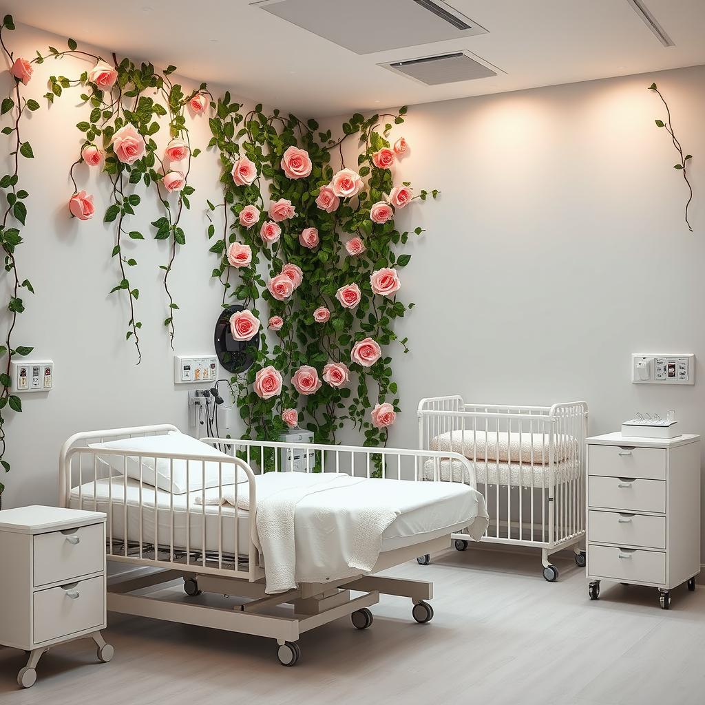 An elegant delivery hospital room featuring a well-designed hospital bed and a crib, thoughtfully arranged to create a welcoming environment