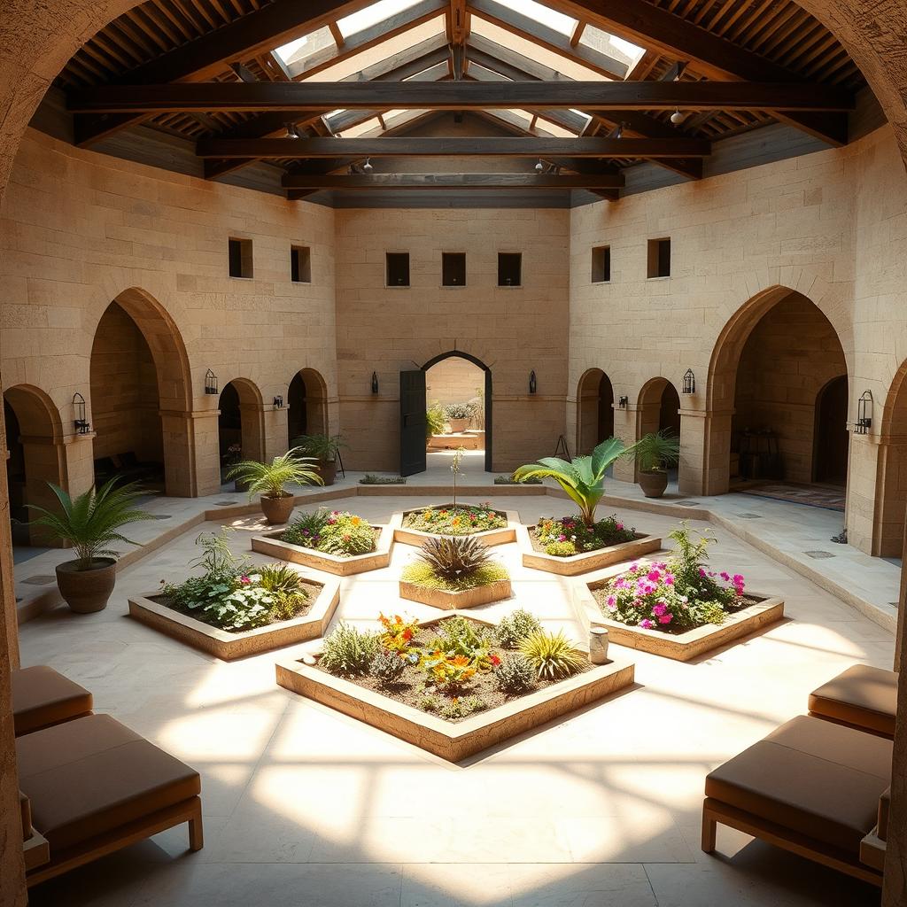 An interior of a one-storey caravanserai featuring a symmetrical layout with garden plots strategically placed in the center, divided into quadrants