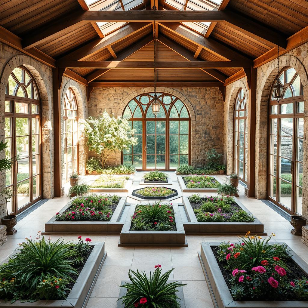 An interior of a square-shaped, one-storey caravanserai featuring a central symmetrical layout with garden plots divided into quadrants