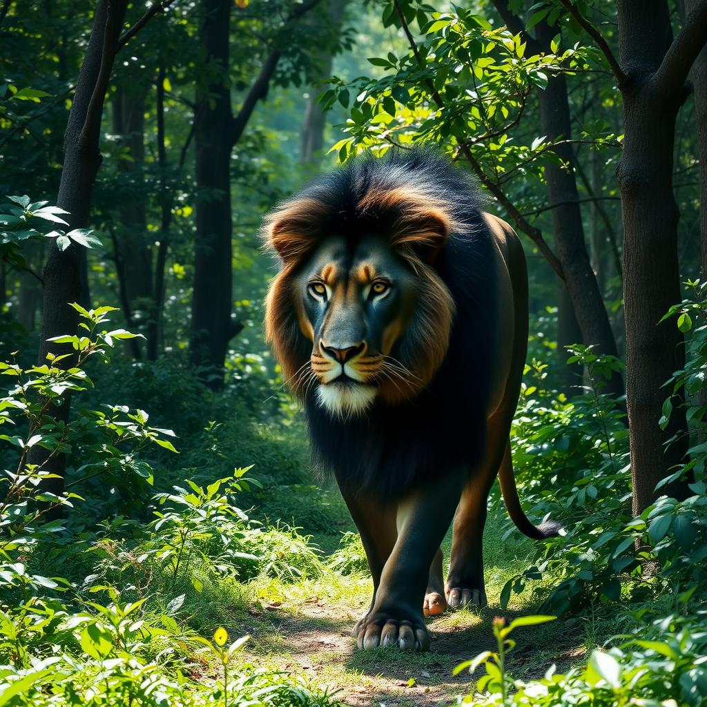 A large and powerful black male lion walking confidently through a thick jungle