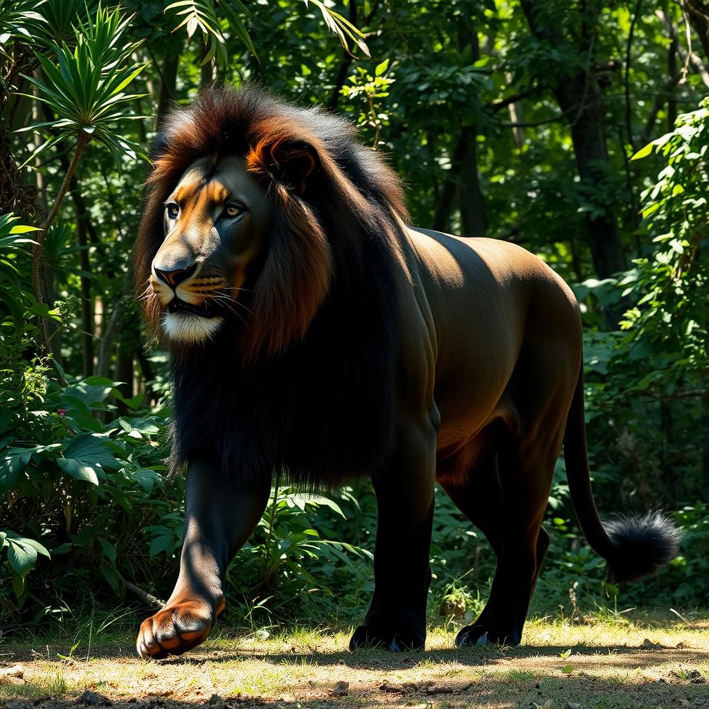 A large, fully black male lion with a prominent scar above its left eye, confidently walking through a dense jungle
