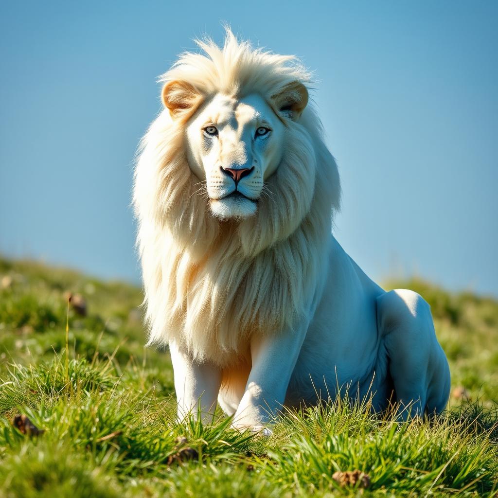 A magnificent snow-white lion, exuding an ethereal beauty and regal presence
