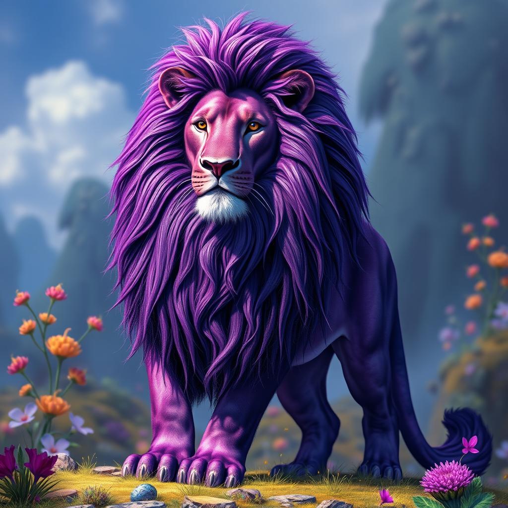 A majestic purple male lion with long, magnificent mane, exuding an aura of royalty and power