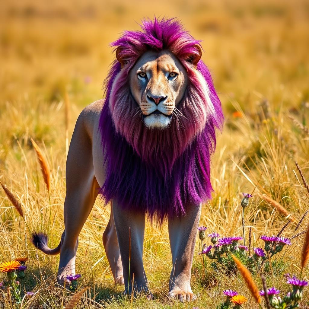 A natural-looking purple male lion, showcasing a vivid yet realistic purple coat that harmoniously blends with deep shades of mauve and lavender