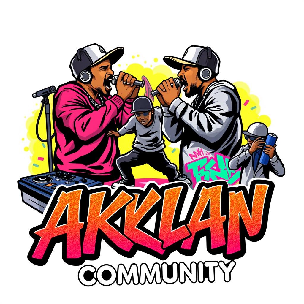 A hip-hop themed logo showcasing a vibrant scene with two rappers intensely battling each other, surrounded by microphones symbolizing the music and culture
