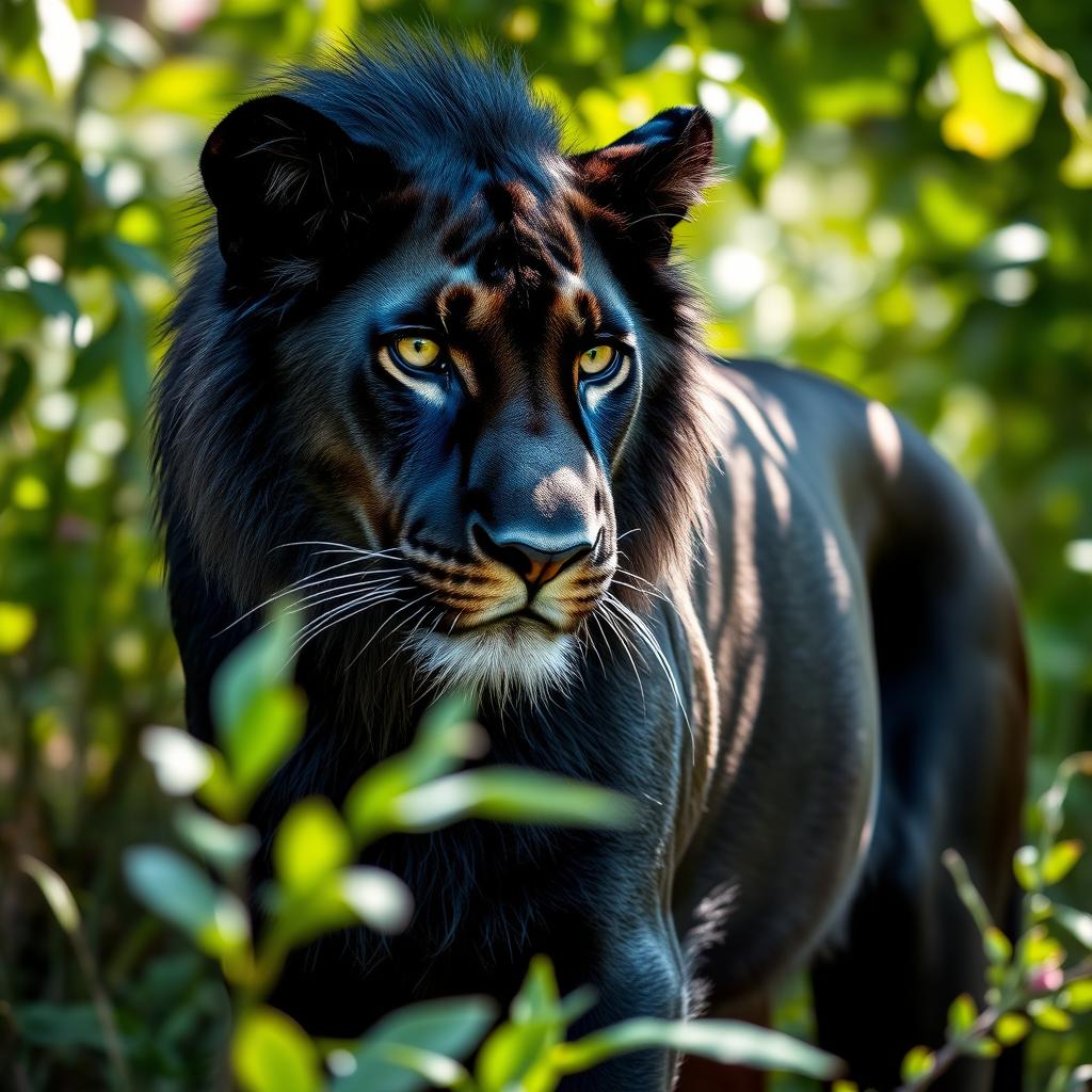 A beautiful black female lion with a sleek and shiny coat, showcasing her elegant features and strong build