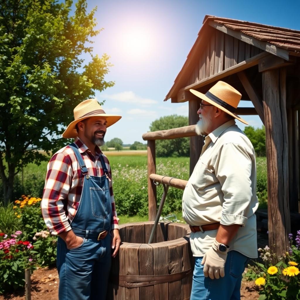 A farmer and his neighbor standing near a rustic wooden well in a serene rural setting