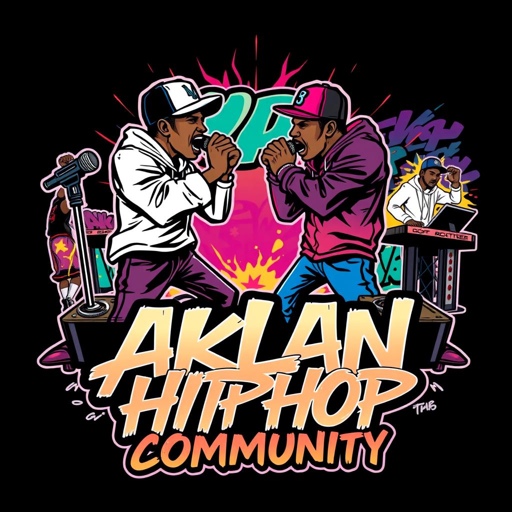 A vibrant hip-hop themed logo showcasing two rappers engaged in an animated battle, with energetic poses and expressive movements