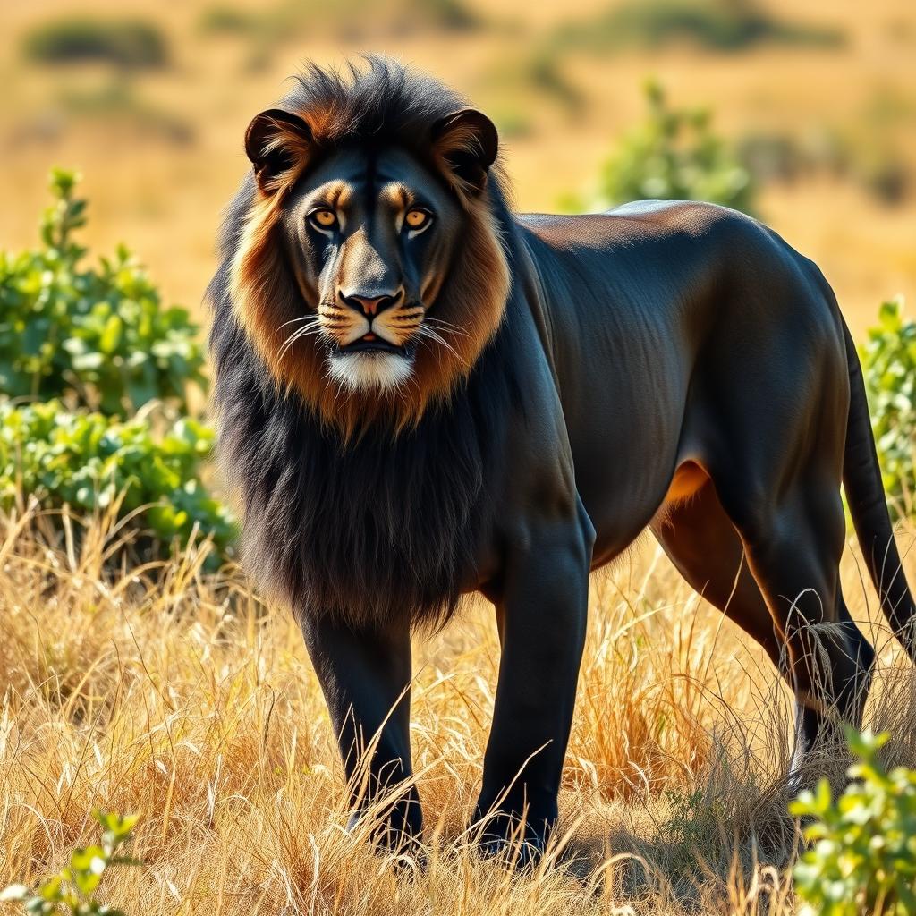 A magnificent black female lion without a mane, showcasing her powerful, sleek body and graceful demeanor