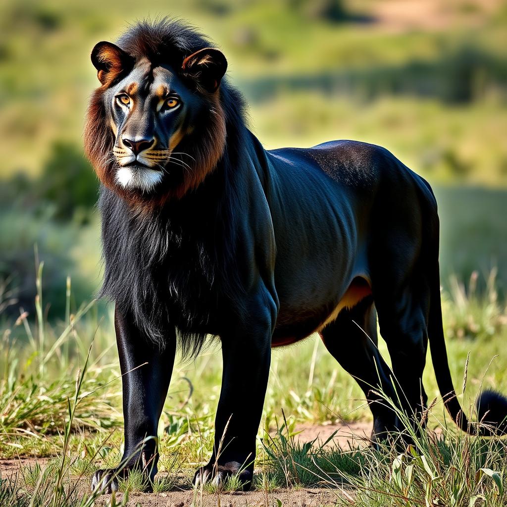 A striking black female lion, showcasing her powerful yet graceful form