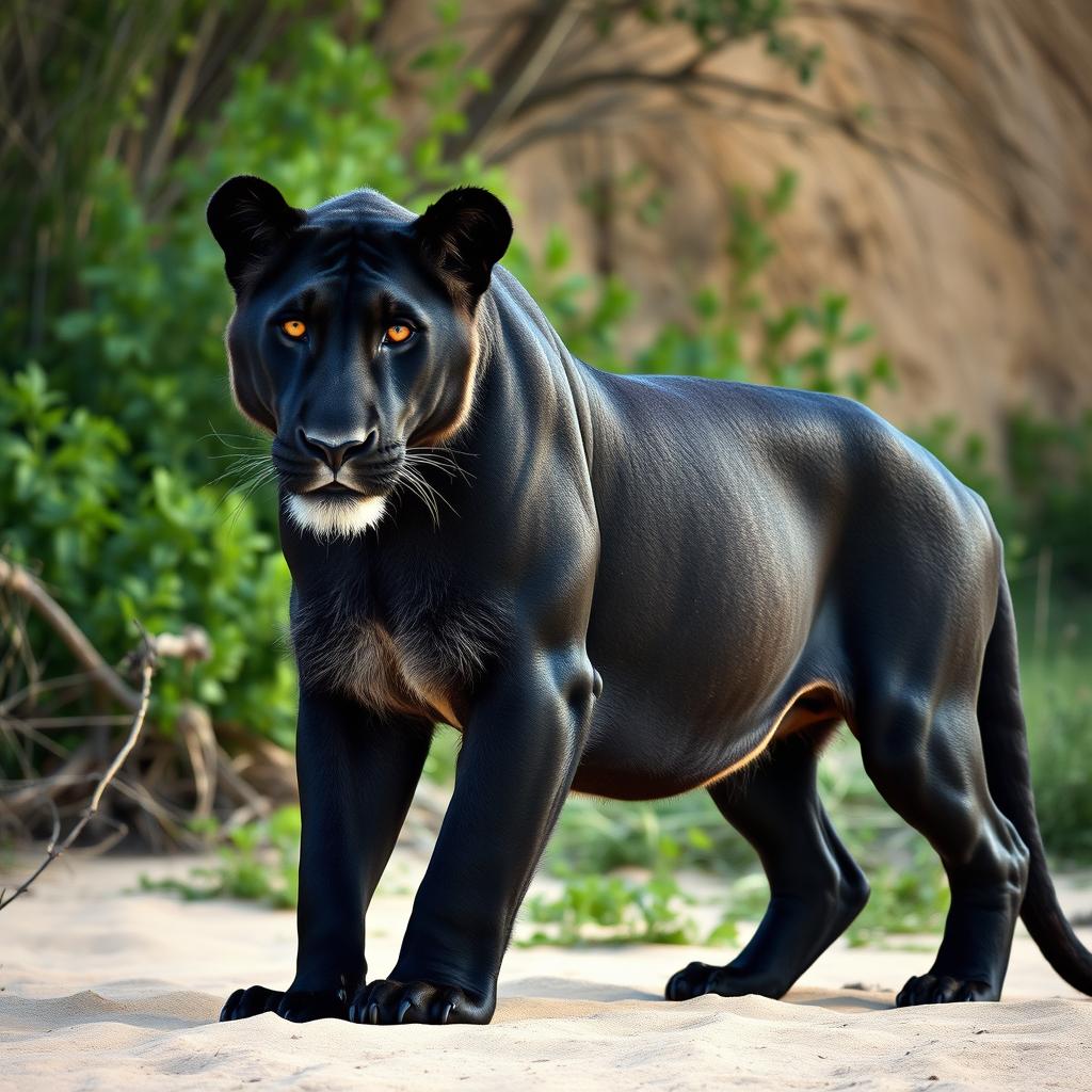 A striking black female lion without fur, showcasing her powerful and uniquely smooth silhouette