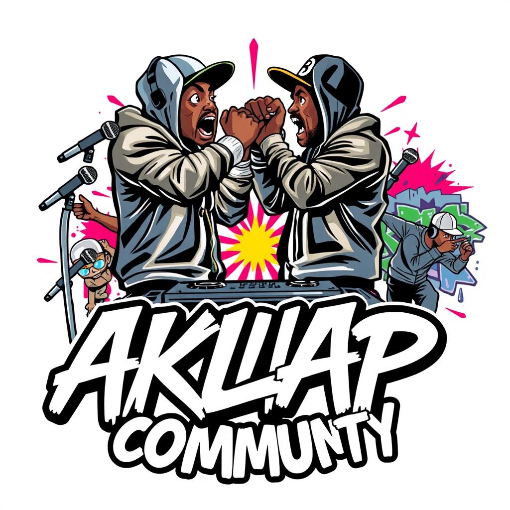A lively hip-hop themed logo featuring two rappers fiercely battling each other, capturing their expressive movements and street fashion